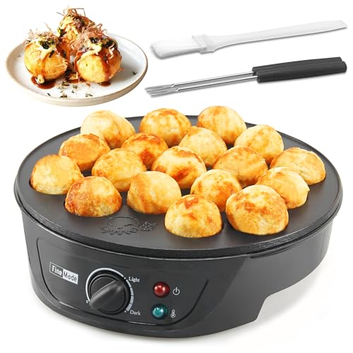 FineMade Takoyaki Maker Pan with Temperature Control, Tools and Recipes,