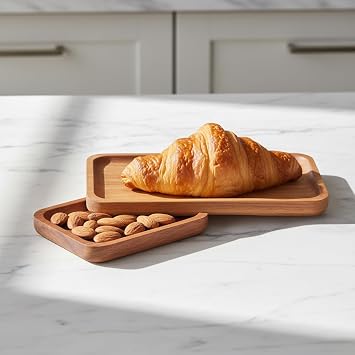 Deconox 2'li Doğal Akasya Ahşap Dikdörtgen Servis Tabağı ve Çerezlik Seti – 12x9 cm ve 20x11 cm Kahve Yanı Sunumluk, Sushi ve Meze Tepsisi (İkili Takım)