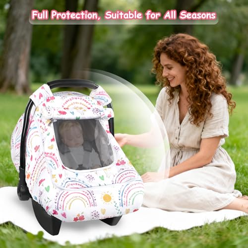 Image of Winter Car Seat Cover Baby with Sunshade & Dual Zipper Windows - Minky Bubble Lined Windproof Soft Shell, Warm Newborn Car Seat Canopy Covers, Elastic Bottom for Stroller & Infant Car Seat, Rainbow