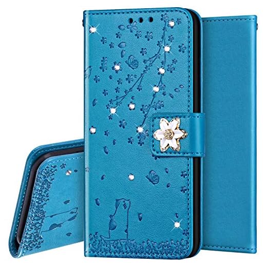 Surakey PU-läderfodral för Samsung Galaxy S7 mobiltelefonfodral skyddsfodral strass diamant glänsande bling glitter körsbärsblomma blommor mönster väska läder flip fodral plånbok hopfällbart fodral mobilfodral blå