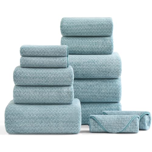 Ultra Soft Bath Towel Set 12 Piece (4 Bath Towels 4 Hand Towels 4 Washcloths) Family Bathroom Towels Set with Hanging Loop Quick Dry Extra Absorbent Shower Towel for Bathroom Hotel Spa-Turquoise