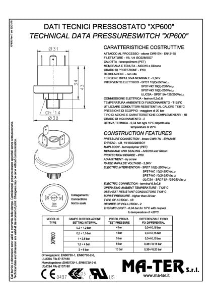 Mater XP600 Pressostat 1/8 pouce | 0,2-1,2 bar réglable | Préréglage 0,5 bar
