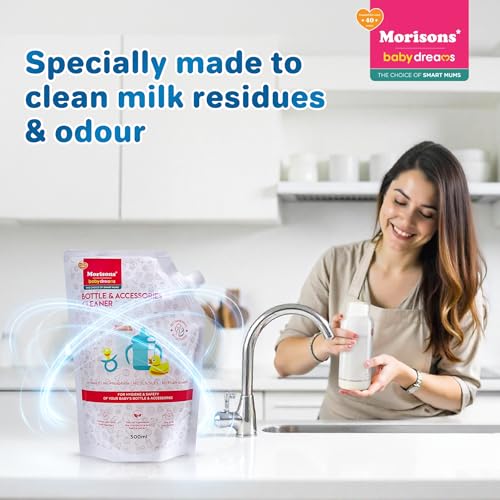 Image of Morisons Baby Dreams Bottle & Accessories Cleaner - Refill Pack 500ml (Pack of 2) | Removes milk odour & stains effectively | Anti-bacterial | Made with Food Grade Ingredients I