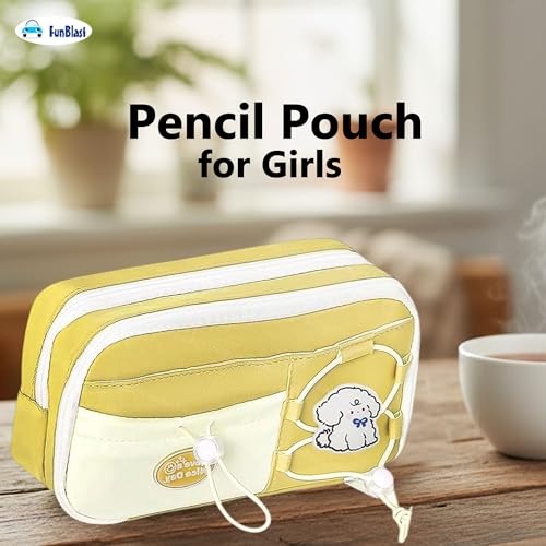 Image of FunBlast Pencil Pouch for Girls - Aesthetic Multi-Compartment Zipper Pouch with Drawstring Pocket, Cute Kawaii Pencil Case, Stylish Stationery Pouch, Return Gift for Kids & School Use (Yellow2)