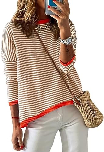 Dokotoo Womens 2024 Long Sleeve Tops Sweaters Casual Crewneck Striped Color Block Drop Shoulder Cotton Pullover Shirts
