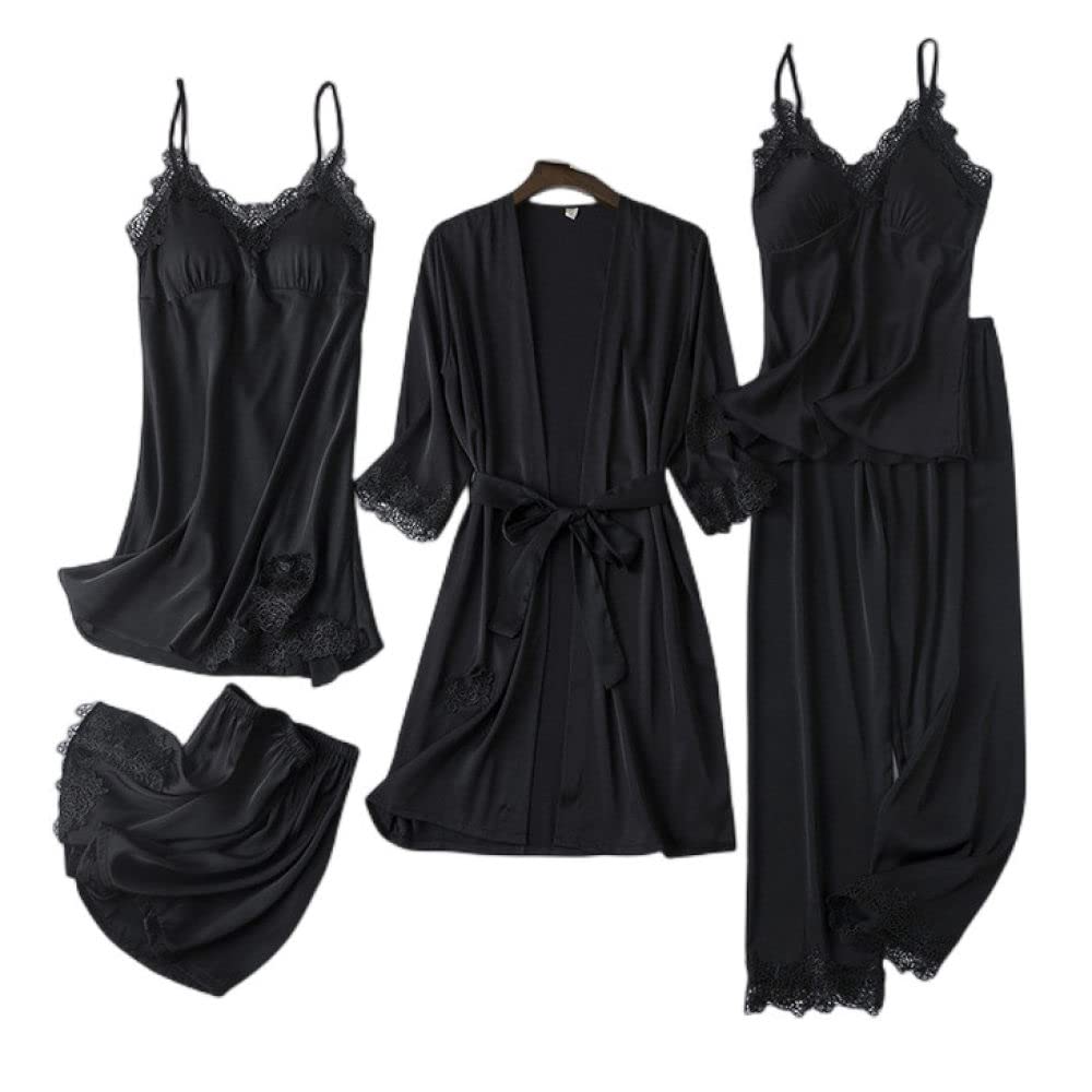 Pigiama Donna,Accappatoio Kimono In Raso A Cinque Pezzi Bordo Sexy In Pizzo Con Fiori Vestaglia Vestaglia Nera Pigiama Con Scollo A V Retrò Set Vestaglia Da Sposa Indumenti Da Notte Bademantel Dame