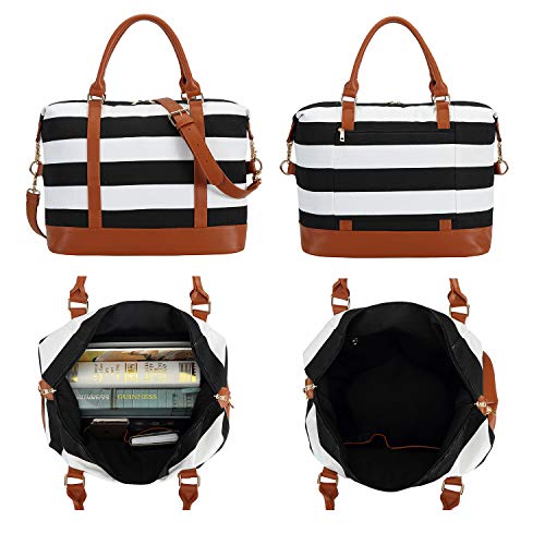 CAMTOP Women Ladies Weekender Travel Bag Canvas Overnight Carry-on Duffel Luggage Tote Bag (Big Stripe - Black)