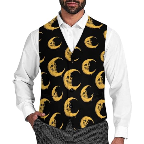 Moon with Skull Face Suit Vest for Men Waistcoat Dressy V Neck Button Down Sleeveless Business Jacket Coat