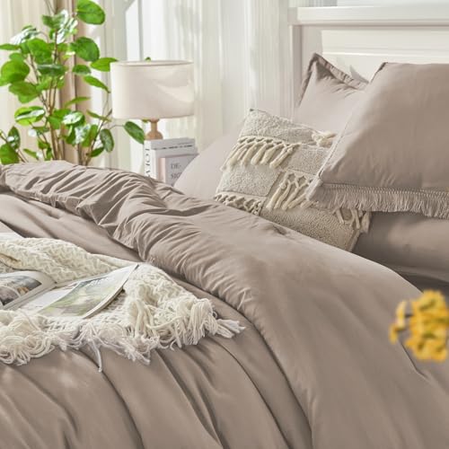 Image of Andency King Size Comforter Set with Sheets Khaki - 7 Pieces Bed in a Bag Boho Soft Lightweight Bedding Sets, Tassel Bed Set with Comforter, Sheets, Pillowcases & Shams