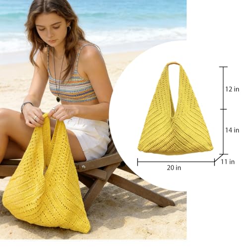 Image of Crochet Beach Tote Bag Summer Vacation Handbags Beach Bag for Women Cute Woven Shoulder Purses Mesh Knit Crochet Bag