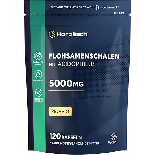 Flohsamenschalen Kapseln 5000mg mit Acidophilus | 120 Vegane Stk | 5000 mg Flohsamenschalenpulver + Lactobacillus acidophilus | Pro-bio Ballaststoffe Complex | Horbaach
