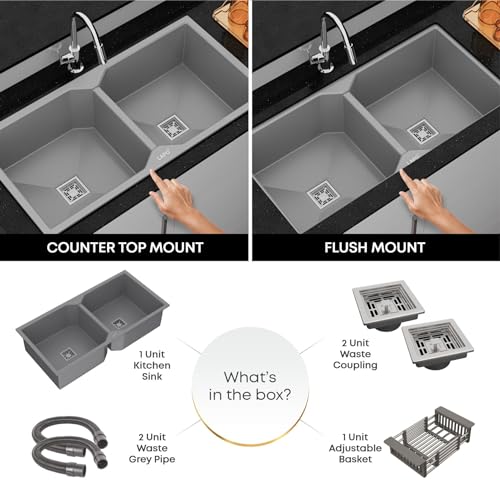 Image of LAPO Granite Double Bowl Kitchen Sink | 37x18 Inches with Tap Hole | UV Resistant Surface & Low Noise Water Splash | Includes Waste Pipe, Coupling & Basket | 3 Years Warranty (Grey Metallic)
