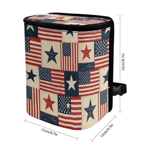 Image of Talayituse American Flag Star Print Car Trash Can Portable Auto Garbage Bin Multifunctional Vehicle Interior Accessories with Adjustable Straps 4th of July Decor Universal Fit Truck SUV Sedan