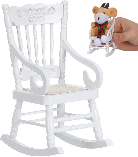 SOIMISS Muebles de casa de muñecas a escala 1/12, mecedora de madera con asiento de cuerda, sillón blanco en miniatura para accesorios de casa de
