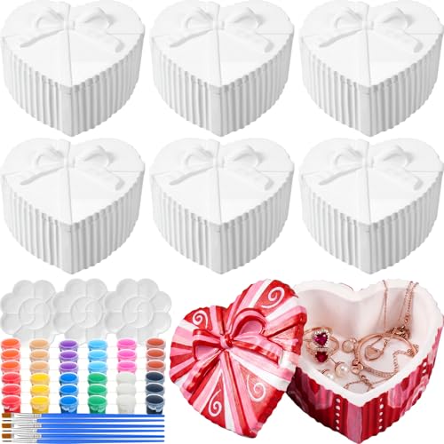 Image of Zubebe 6 Set Ceramic Hearts to Paint Jewelry Tray Kit with Lid Ready to Paint Ceramics Ring Dish Holder DIY Unpainted Plate Trinket Dish Tray DIY Gift for Women Adult Wedding Valentine Christmas