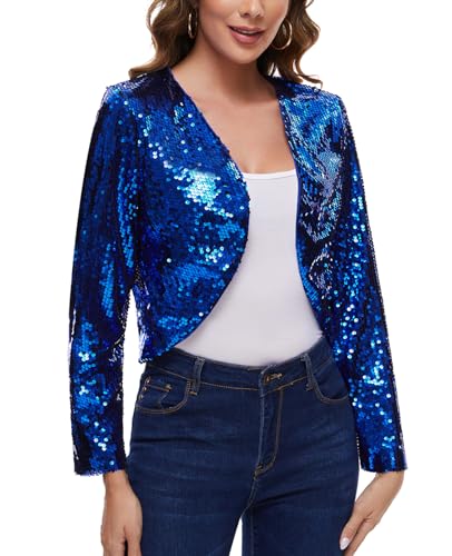 Image of MINTLIMIT Women's Sequin Shrug Bolero Long Sleeve Open Front Party Sparkly Cropped Cardigan Glitter Shiny Jackets