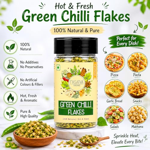 Image of Rasatva Green Chilli Flakes | 30g Pack Of 3 | Hot & Spicy Pizza Pasta Seasoning | Natural Dry Green Chilli Flakes | No Additives, Preservatives & Colours | Seasoning for Pizza, Pasta, Garlic Bread