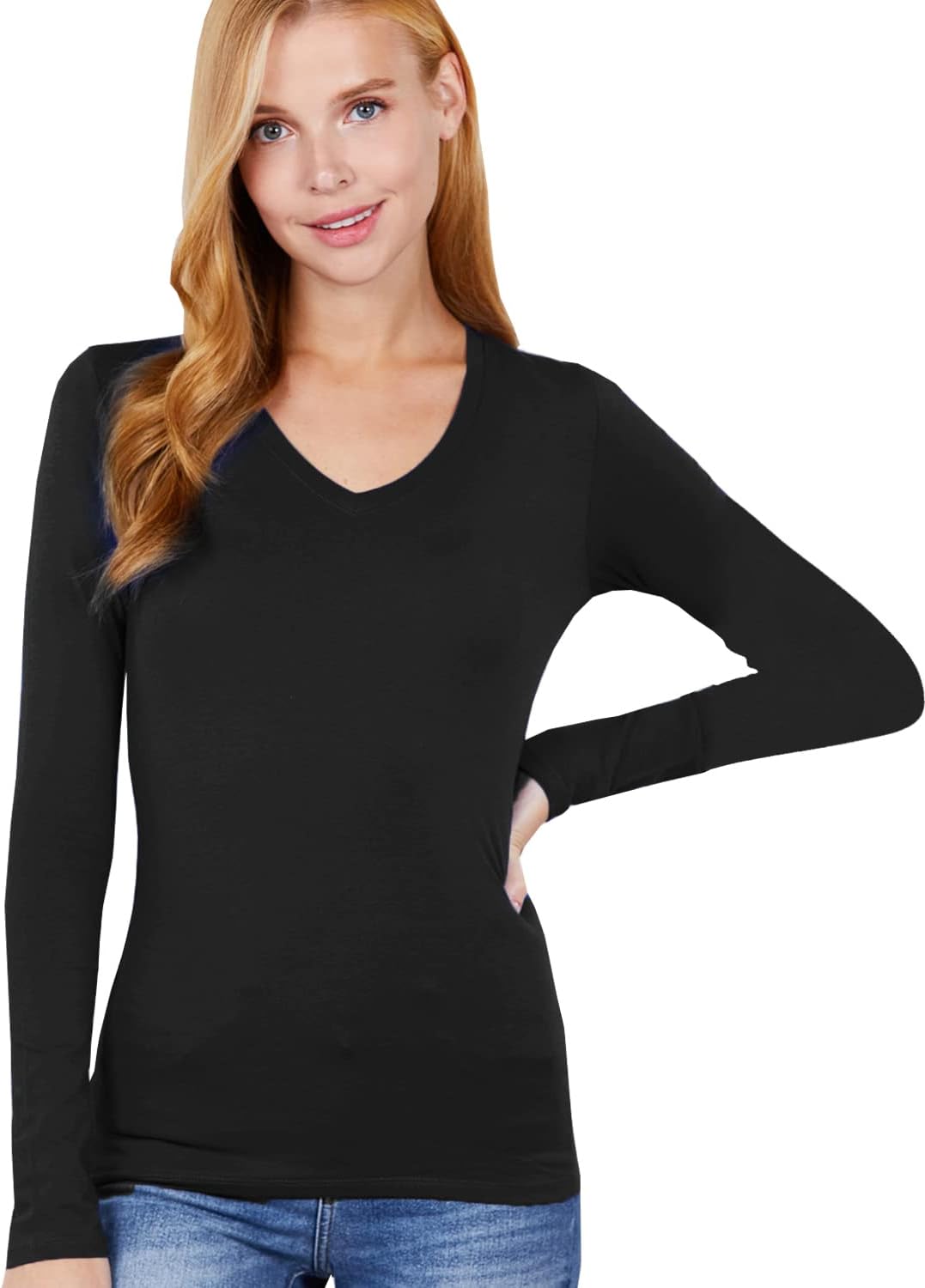 Women's Basic Solid Lightweight Soft Cotton Long Sleeve Crew Neck & V Neck Slim Top Shirts Plus (S-2XL)