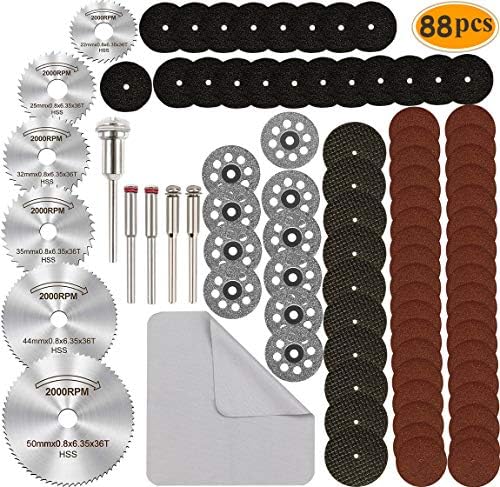 Cutting Wheel Discs Set for Rotary Tool, 88Pcs HSS Circular Saw Blades Diamond Wood Glass Plastic Metal Stone Cutting Drill Wheels Kit with 1/8 Inch Mandrels for Dremel