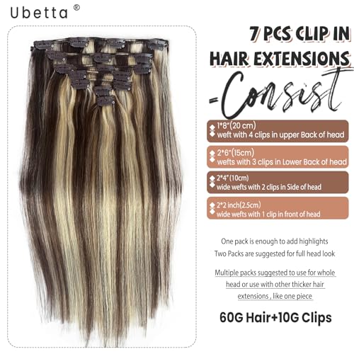 Image of Clip in Hair Extensions Real Human Hair, Chocolate Brown Balayage Blonde Highlights Hair Extensions Real Human Hair Clip ins 7pcs 70G 12 Inch Clip in Hair Extension Human Hair Clip in Extensions