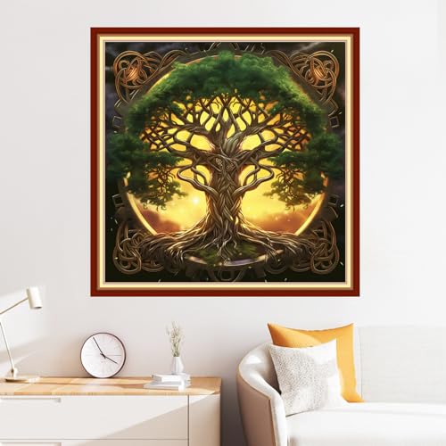 Image of Disxvivy Cross Stitch Stamped Full Embroidery Kits DIY 11CT Cotton Thread Printed DIY Needlepoint Kits Craft Needlework Set Cross-Stitch Stamped Sets-Magic Tree 18x18 inch