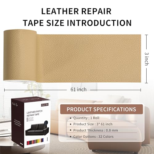Leather Repair Patch Tape, ﻿Beige 3 x 61 Inches Self Adhesive Leather Repair Kit for Furniture, Car Seat,Vinyl Leather Repair Kit for Office Chairs, Couch, Sofa, Luggage - 3