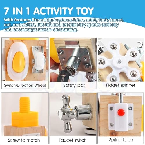 Image of 7-in-1 Montessori Busy Board for Toddlers | Wooden Sensory Busy Cube with Switches | Travel Toys for Toddler 1-3 | Baby Toy | Toys Gifts for 1 Year Old Boy Girl