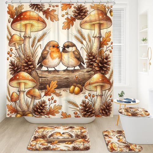 Ensemble rideau de douche oiseaux automne et tapis de bain assorti