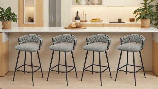 Set de 4 Butacos de 26 Pulgadas de Altura para Barra con Respaldo Tapizado en Terciopelo y Patas de Metal para Isla de Cocina miniatura 7