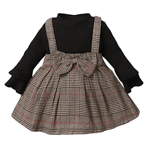 Kleinkind Baby Mädchen Strickkleider Kleine Kinder Langarm Rüschen Plaid Pullover Rock Bowknot Prinzessin Party Tutu Kleid Outfits Schwarz 18-24 Monate Cover