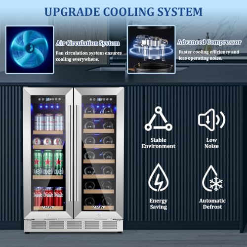 Image of 24 Inch Wine and Beverage Refrigerator, Dual Zone Wine Beverage Fridge with Glass Door, Built-In /Freestanding Beverage Cooler 24 inch with French Door, Holds 20 Bottles and 88 Cans for Home /Kitchen