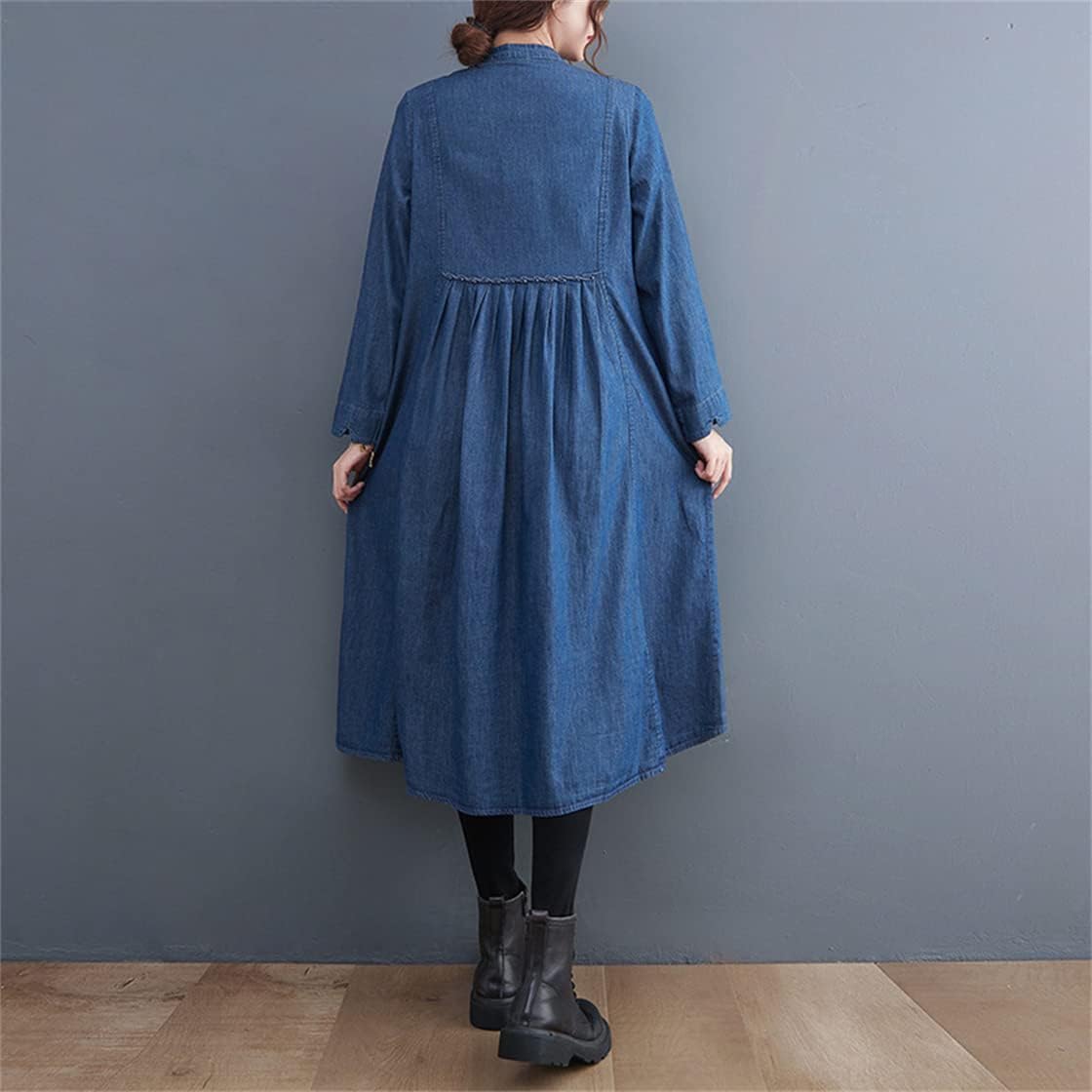 [もうほうきょう] ワンピース レディース マキシワンピース デニム ロングワンピース 長袖 春 秋 シャツワンピース チュニック ゆったり おしゃれ 体型カバー 着痩せ