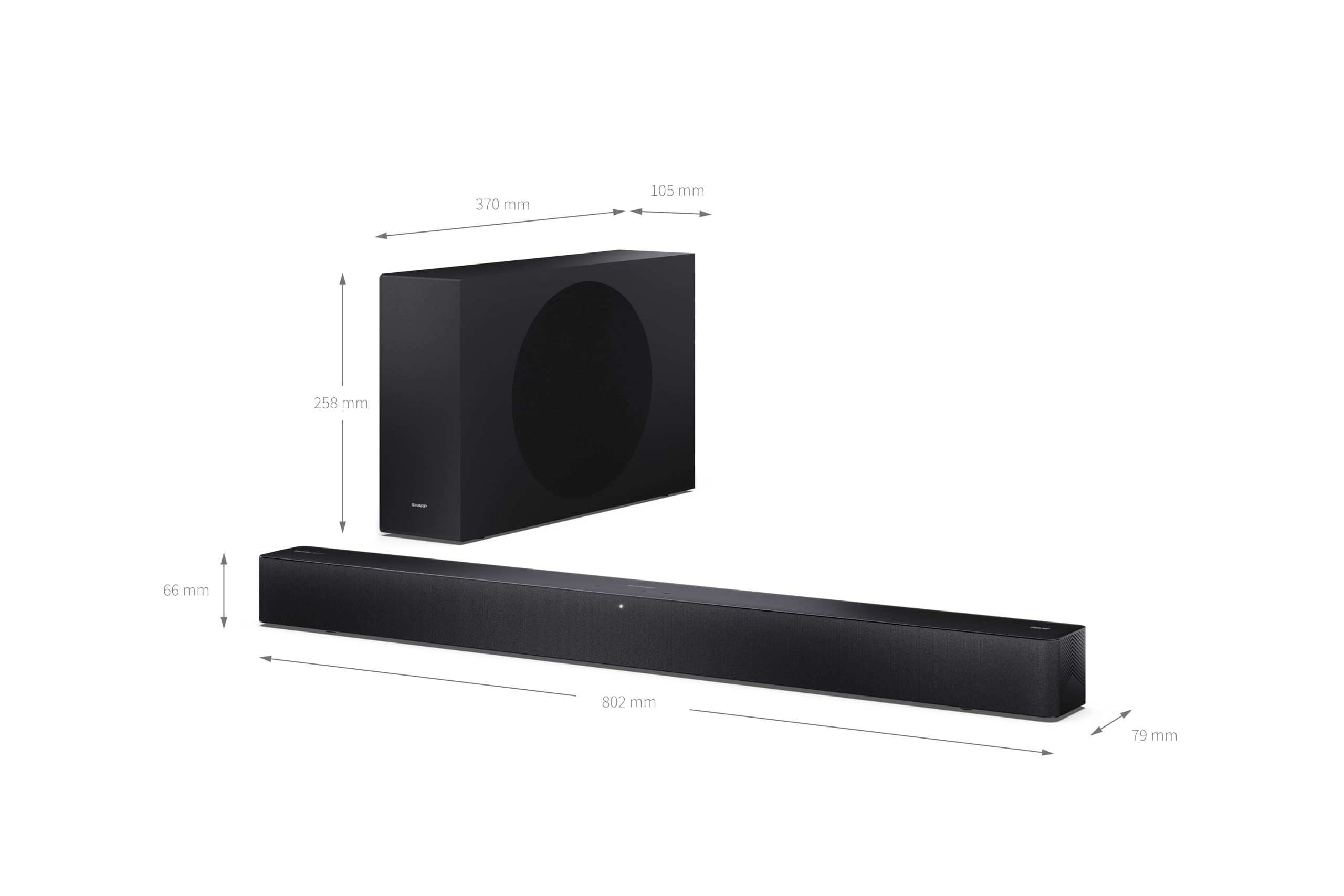 Sharp HT-SBW310 Soundbar 2.1 Dolby Atmos + DTS Virtual:X, Bluetooth avec HDMI Arc/CEC, Puissance Totale de 330 W, 80 cm, Couleur Noire