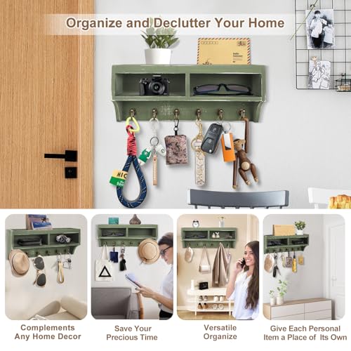 Image of Key Holder Wall Mount - Mail Organizer Wall Mount with 6 Key Hooks and Storage Box for Sunglasses Storage and Dog Leash Holder Home Decor Rack Apartment Farmhouse Shelf Entryway Organizer (Green)