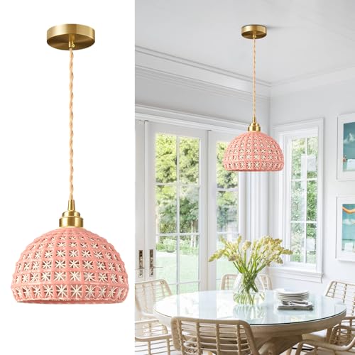 Image of Pink Ceramic Pendant Light Farmhouse Brass Finish Modern Pendant Light Minimalist Style Ceiling Hanging Lamp for Kitchen Island Bedroom Bedside