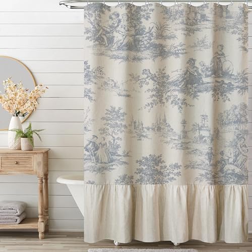 MUGINYU Ruffle Linen Shower Curtain with Blue and White Toile de Jouy for Vintage French Country Bathroom Decor Shabby Chic Chateau Toile Pattern 72x72 Inches