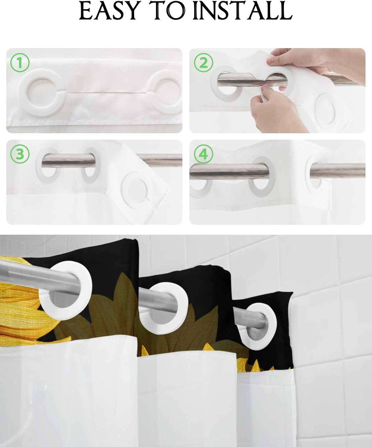 No Hook Shower Curtain with Snap in Liner Set,Rustic Watercolor Sunflower on Black Waterproof Fabric Shower Curtains Farmhouse Floral Art Double Layer Bath Curtain for Bathroom,36Wx72L