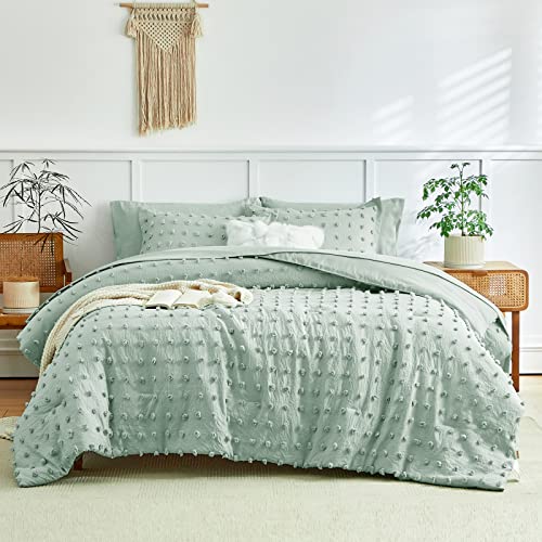 7 Pieces Tufted Dots Bed In A Bag King Comforter Set With Sheets Green , Soft And Embroidery Shabby Chic Boho Comforters, Solid Color With Pom Pom Design, Jacquard Tufts Bedding Set For All Season #TOP5