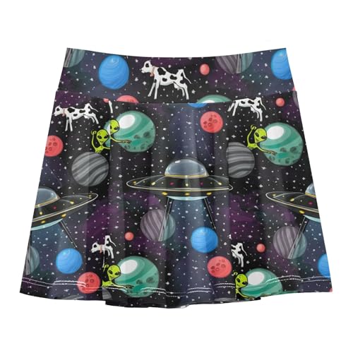 Athletic Skorts Girls' Tennis Dance Skirt with Shorts High Waisted Running Cheer Skirts Cartoon Alien Spaceship Cows Size 5-6