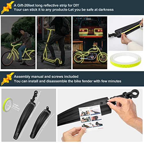 Bike Mudguard Set With 8M Diy Reflective Tape, 2 Parts-Universal Full Cover Thicken Widen Bicycle Fender Set, Front/Rear Mud Guards Fit For 20"/22"/24"/26" Mtb Mountain Road Bike(Black) #TOP3