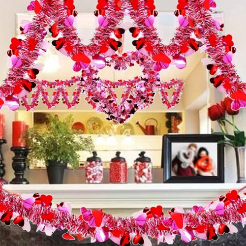 Image of 2Pcs Valentine's Day Tinsel Garlands 66FT Metallic Fringe Garland with Pink Hearts Glitter Streamers for Wedding, Engagement, Anniversaries, Romantic Love Valentines Day Decorations