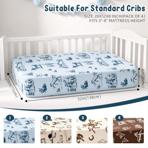 Image of 4 Pack Vintage Western Crib Sheets Set - Fits Standard 52 inchx28 inchx8 inch Crib & Toddler Mattress, Soft Breathable Polyester Baby Nursery Bedding, Retro Cowboy Horse Cactus Print Fitted Sheets for Boys