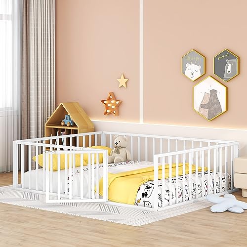 Image of Bellemave Queen Size Floor Bed for Kids, Montessori Beds with Rails and Door, Metal Playhouse Bed Frame with Fence for Boys Girls, White