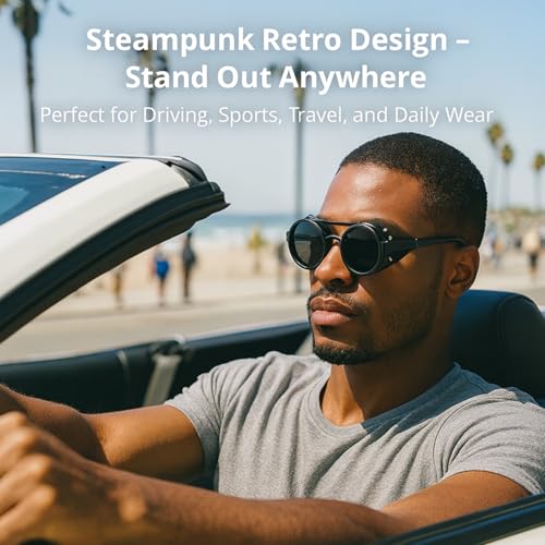 Adjustable Tint Steampunk Sunglasses – ND Filter, UV400 Polarized – Retro Round Shades, Leather Side Shields3
