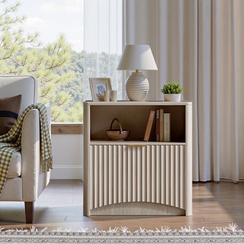 Image of Evermagin Fluted Nightstand Set of 2, Bedside Table with Drawer and Storage, Wood End Table Mid Century Modern, Large Night Stand for Bedroom, White Alder