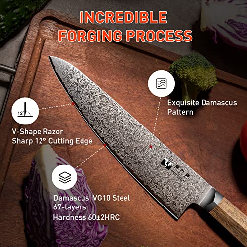 Damascus Chef Knife 8 Inch, Kitchen Utility Knife 5 Inch Damascus Vg10 Steel Ultra Sharp With Hexagon Natural Wood Handle #TOP1