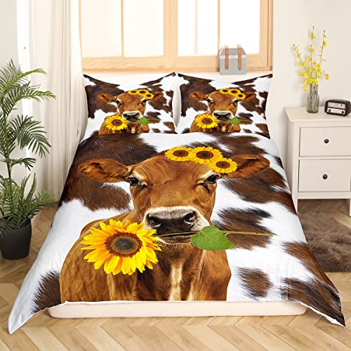 Erosebridal Highland Cow Bed Sets Cattle Bull Duvet Cover Twin Brown Cow Print Bedding Set Sunflower Printed Comforter Cover Wild Animal Bedroom Set For Kids Toddler Bedroom Decorations #TOP2