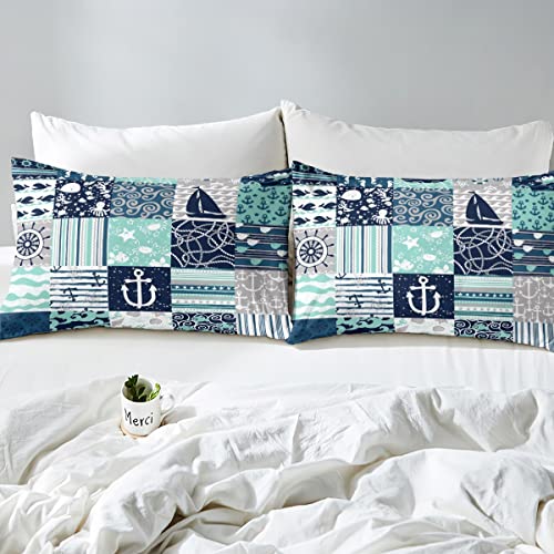 Ocean Nautical Sheet Sets Queen Size,Navy Blue Patchwork Plaid Stripes Bedding Set For Kids Teens Boys Bedroom Decor Anchor Rudder Print Bed Sheet Whale Octopus Sealife Fitted + Flat Sheet 4Pcs #TOP5