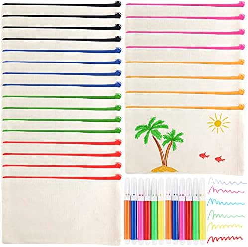 DIY Fabric Pencil Case,Tianher 24 Pieces Blank Canvas Bags Canvas Makeup Bags with Color Zipper and 12 Pieces Watercolor Pencil for Travel Storage Stationery Cosmetics