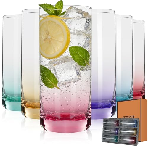 GLAZVIA Colored Highball Glasses Set of 6,13oz Drinking Glass Cups for Mixed Drink Cocktail, Beer, Mojito, Water and Juice,Thick Tall Crystal Glassware for Kitchen, Restaurant, Home Bar and Parties